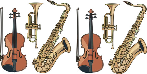 Vintage musical instruments collection featuring violin trumpet saxophone and bow in hand drawn vector illustration isolated on light background