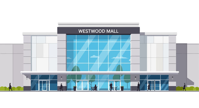 Modern shopping mall exterior with shoppers entering and leaving