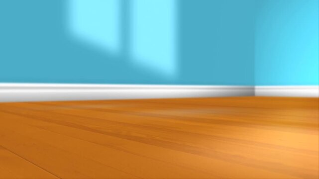 A low-angle, wide-perspective shot of an empty room featuring a light blue wall, a corner, and polished wood floors with soft window light reflections.