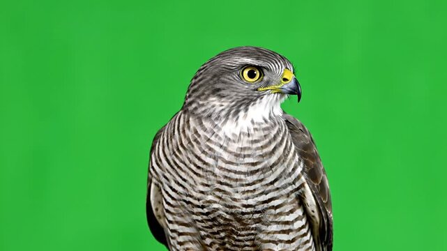 A majestic goshawk bird of prey with striking yellow eyes and striped feathers against a vibrant green screen background.