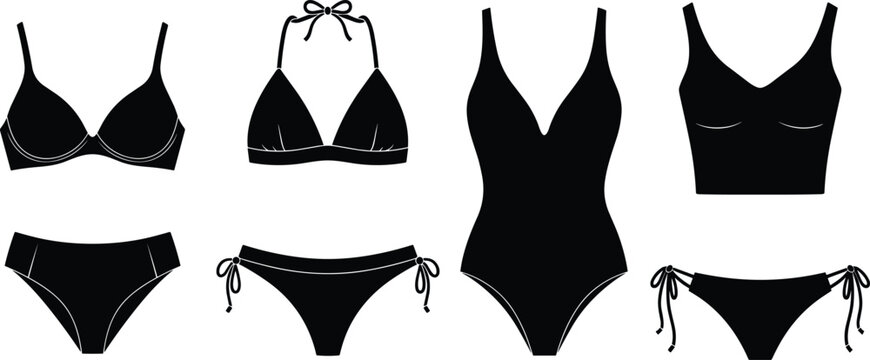 Black bikini and swimsuit silhouettes collection, women swimwear set including bra, bottoms and one piece, minimalist fashion illustration design