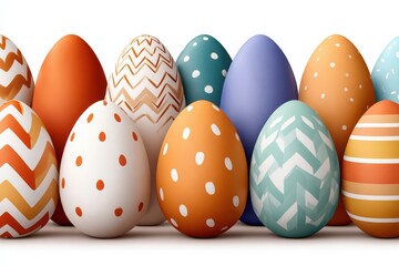 Fototapeta premium Colorful Easter eggs in a row with polka dots, chevron and stripe patterns for spring celebration