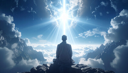 Fototapeta premium 瞑想 座禅 悟り 後光 雲海 山頂 精神統一 浄化 覚醒 神秘 圧倒的 静寂 祈り 魂 境界 充足 宇宙 平和 黄金 未来
