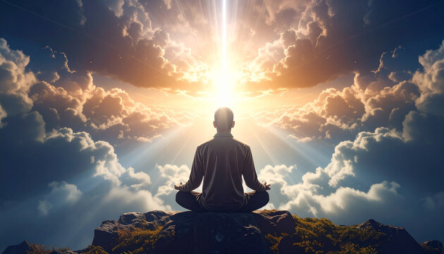 瞑想 座禅 悟り 後光 雲海 山頂 精神統一 浄化 覚醒 神秘 圧倒的 静寂 祈り 魂 境界 充足 宇宙 平和 黄金 未来