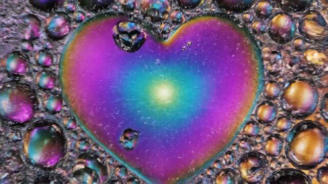 Colorful iridescent oil bubbles form a heart shape floating on water.
