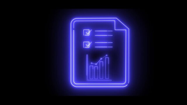 A document icon features a checklist and an ascending chart, with neon tones. The modern digital theme suggests productivity and growth. Ideal for business and finance.