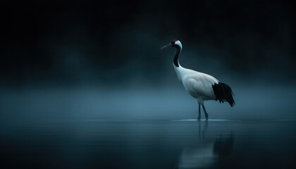 Obraz premium Red-crowned crane stands in misty calm water at twilight, embodying serene oriental elegance and wild natural grace.