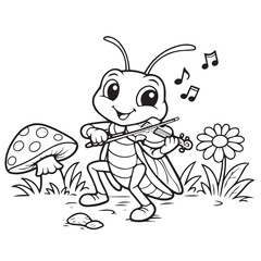 Naklejka premium Cute simple vector cartoon of a cheerful cricket playing a violin, illustrated in a playful style with charming character details.