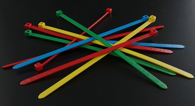 Colorful cable ties in red blue green and yellow on a dark background for organizing and securing wires and cords  cable management