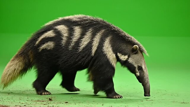 A giant anteater with distinctive black and white stripes walking on a green screen background.