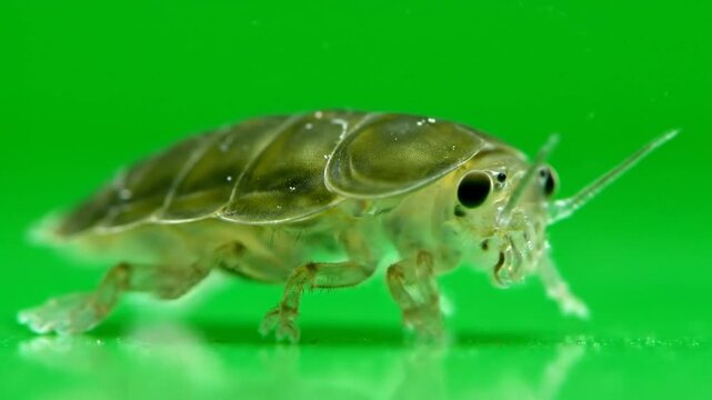 A close-up macro shot of a small, translucent aquatic crustacean with large eyes and antennae against a vibrant green background.