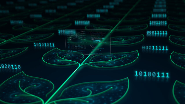 Sustainable AI server network growing as digital plant, green technology circuit, glassmorphism vector illustration.