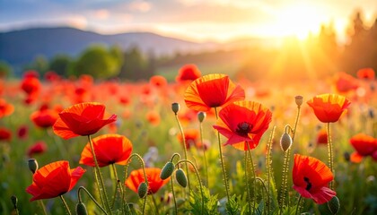 Fototapeta premium A vibrant red poppy field blossoms under a summer sunset sky, where the rural meadow landscape meets the horizon in a display of natural beauty