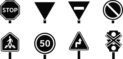 Black and White Vector Road Signs Set Isolated on White Background for Traffic Safety Design © vector design