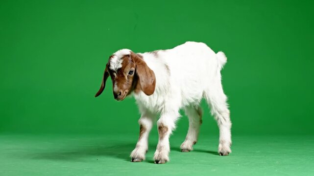 A cute baby goat with white fur and brown markings stands on a green screen background, looking slightly down.