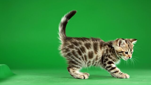 A cute spotted Bengal kitten walking on a green screen background in a studio setting.