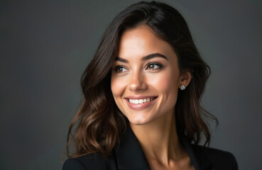 Fototapeta premium Attractive woman with dark wavy hair smiles gently. She wears a black blazer and stud earring. Pro portrait with soft studio lighting highlights her face. Background is plain grey.