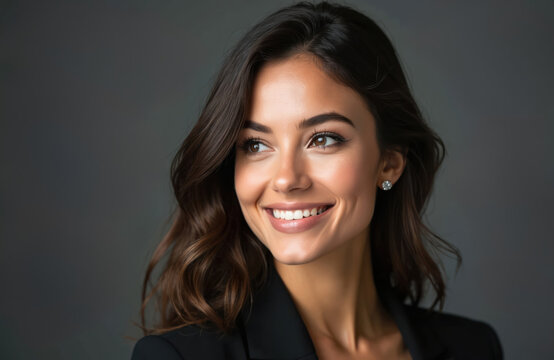 Attractive woman with dark wavy hair smiles gently. She wears a black blazer and stud earring. Pro portrait with soft studio lighting highlights her face. Background is plain grey.