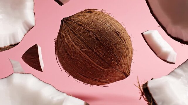Fresh whole coconut and broken pieces exploding against a vibrant pink