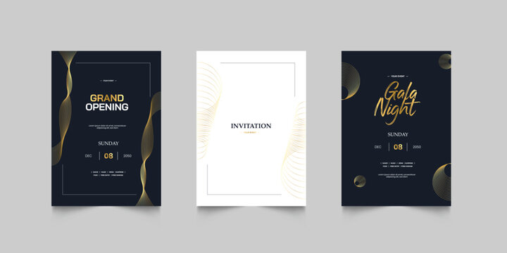 Grand Opening poster celebration with golden shape line ribbon drapery element decoration for luxury elegant vip royal poster with white background