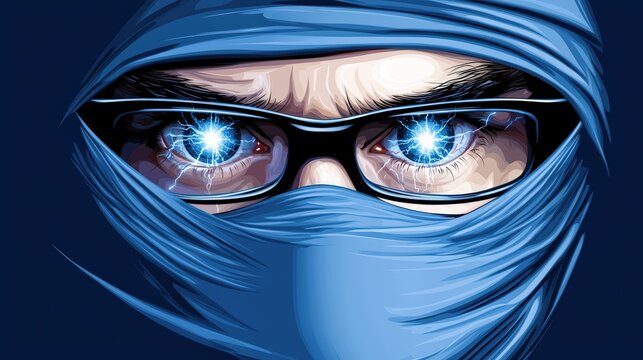 A hackers face obscured by a digital mask, their eyes glowing with malicious intent.