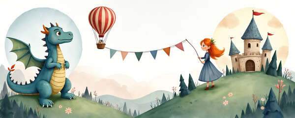 Naklejka premium Friendly dragon sits near castle while girl holds flags. Hot air balloon with child flies above green hills. Watercolor art style kids illustration.