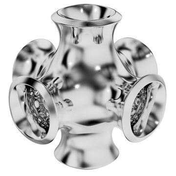 3d render of a schwarz p minimal surface unit cell with a polished chrome metal finish, abstract chrome art.