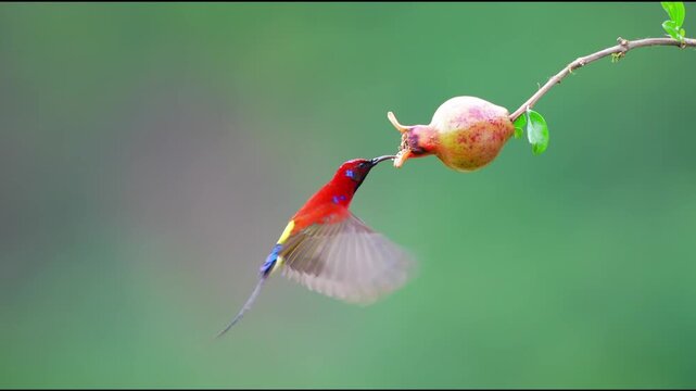 Vibrant Sunbird Hovering and Feeding on Pomegranate Fruit Nectar. Colorful Exotic Bird with Red and Yellow Plumage in Motion. Wildlife in Tropical Garden During Sunny Day.