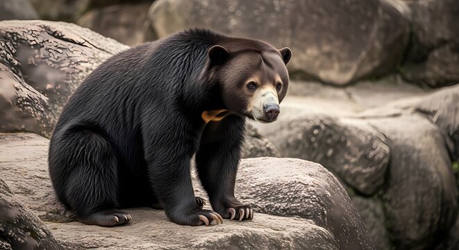 A sun bear with black fur and a light snout sits on a rocky surface, looking towards the viewer.