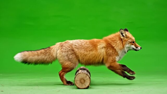 A red fox running or jumping over a log on a vibrant green screen background, showcasing its agility.