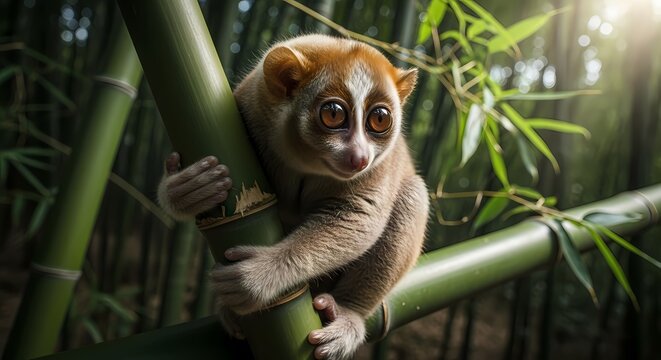 A cute slow loris with large, round eyes clings to a green bamboo stalk in a lush forest environment.