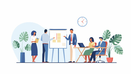 Fototapeta premium Team collaborating in modern office with presentation board