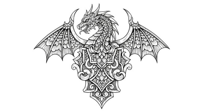 Intricate dragon illustration with detailed wings and decorative elements