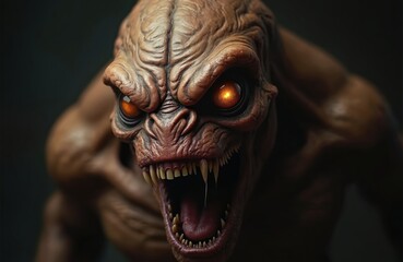 Obraz premium Close up of a frightening, one-eyed monster with wrinkled skin and sharp teeth open mouth roaring. Glowing orange eyes stare intensely from a shadowed, textured face. Fierce creature with brown skin.