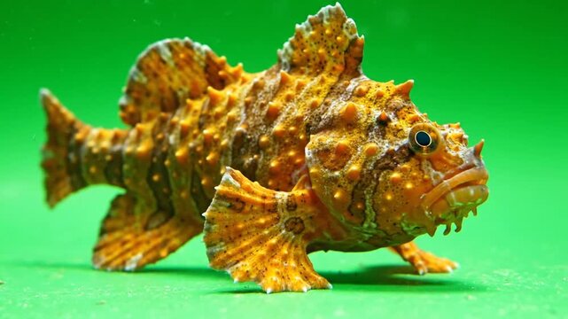 Close-up of a unique orange spiky frogfish with textured skin against a vibrant green background.