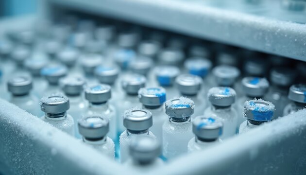 Frost-covered vials of medicine sit in cold storage. Pharmaceutical containers are chilled for preservation. Cold chain logistics ensure vaccine potency.