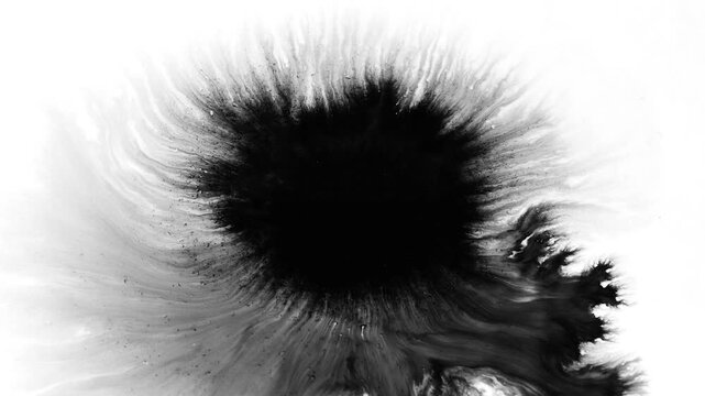Deep black ink spreads on white, creating bold, textured visuals. Perfect for cinematic titles, transitions, or luma mattes in motion graphics and film projects with a dramatic, moody effect.