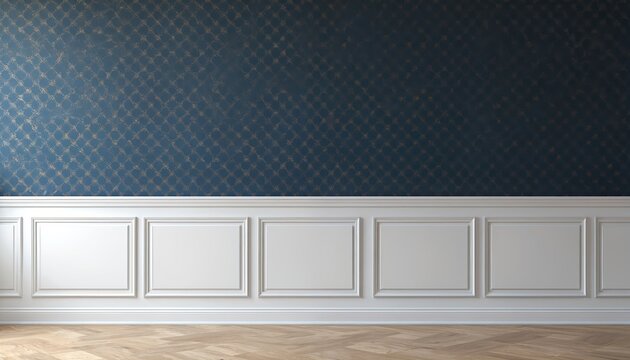 Empty room features classic white wainscoting below dark blue gold patterned wallpaper. Light wood floor offers a clean contrast. Interior design background suitable for elegant home decor.