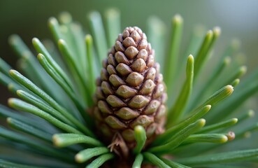 Fototapeta premium Young pine cone grows on evergreen branch. Small woody fruit on green pine needles shows nature beginning. New life emerges in spring forest.
