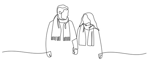 couple wearing scarves in continuous line art drawing style. minimalist black linear sketch isolated on transparent background Editable stroke.