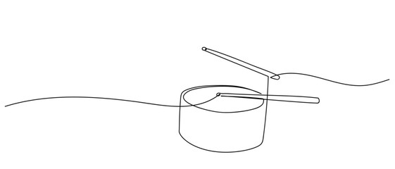 The drumstick is hitting the drum in continuous line art drawing style. minimalist black linear sketch isolated on transparent background Editable stroke. © Proongnee