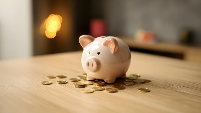 Piggy bank surrounded by scattered coins on a wooden table, symbolizing savings and financial planning.