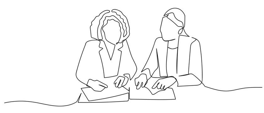 Two business people are working together to review business documents in continuous line art drawing style. minimalist black linear sketch isolated on transparent background Editable stroke.