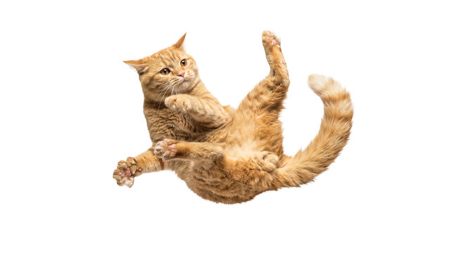 png image of a fluffy orange cat captured mid-air, falling or jumping playfully on a transparent background, isolated.