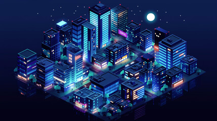 ネオンが光る都市ビル街を俯瞰で描いた未来都市イラスト、夜空と月が広がる都会の夜景、レトロゲーム風、シティポップ、音楽動画背景、配信画面、広告ビジュアルに使える都市景観素材