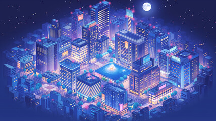 夜空に浮かぶ月と輝く高層ビル群を描いた近未来都市の等角イラスト、ネオンが光る都会の街並み、レトロフューチャー、シティポップ、ゲーム背景、動画制作、配信画面に使えるデジタル都市素材