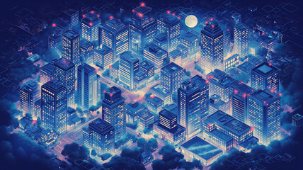 夜空に浮かぶ月と輝く高層ビル群を描いた近未来都市の等角イラスト、ネオンが光る都会の街並み、レトロフューチャー、シティポップ、ゲーム背景、動画制作、配信画面に使えるデジタル都市素材
