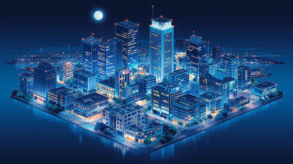 夜空に浮かぶ月と輝く高層ビル群を描いた近未来都市の等角イラスト、ネオンが光る都会の街並み、レトロフューチャー、シティポップ、ゲーム背景、動画制作、配信画面に使えるデジタル都市素材