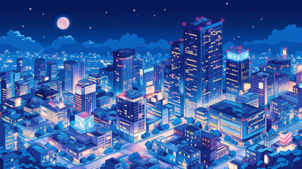 ネオンが輝く夜の都市ビル群を俯瞰視点で描いた未来都市イラスト、都会の夜景と月が浮かぶサイバー風街並み、レトロゲーム、シティポップ、音楽動画背景、配信画面、広告ビジュアルに使える都市素材