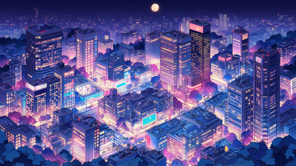 ネオンが輝く夜の都市ビル群を俯瞰視点で描いた未来都市イラスト、都会の夜景と月が浮かぶサイバー風街並み、レトロゲーム、シティポップ、音楽動画背景、配信画面、広告ビジュアルに使える都市素材